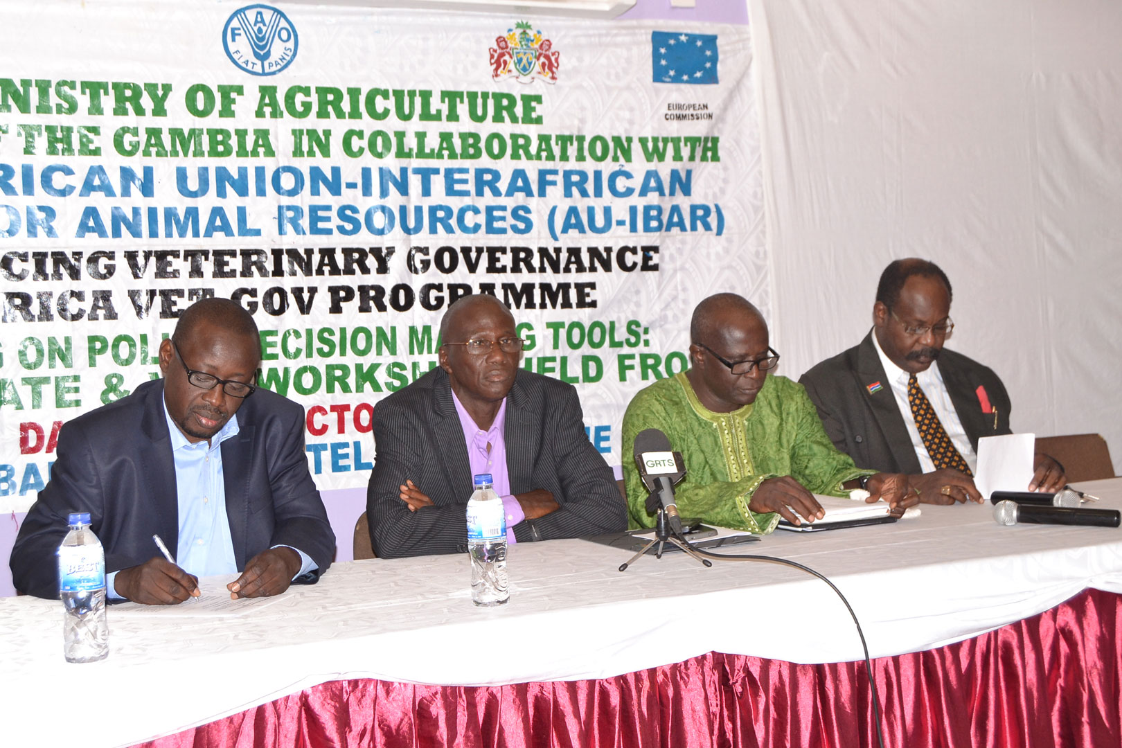 © 2015 AU-IBAR. From left to right: Dr Baboucarr Jaw (AU-IBAR), Mr Sheroffo Bojang, Permanent Secretary Ministry of Agriculture, Dr Duto Fofana, Director General of Livestock and Dr Henry Carrol, Chairman of the Policy Hub.